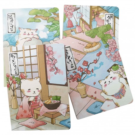 petit carnet avec couverture rigide et des dessins de chats et sakura
